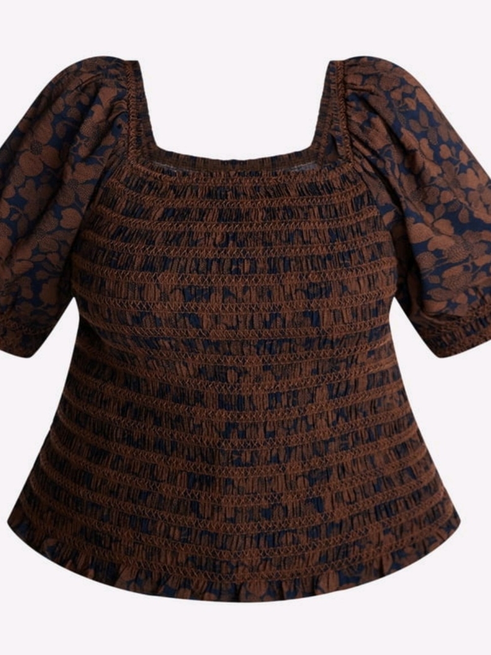 Terra &Sky Short Puff Sleeve Top Floral Blouse Brown & Blue